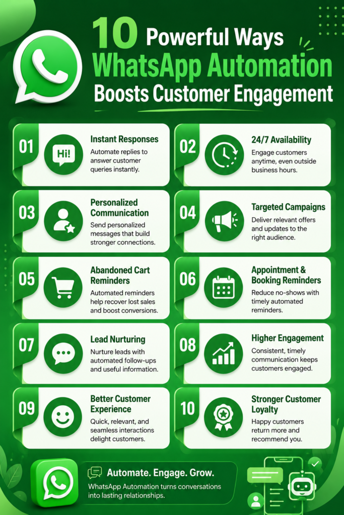 Green-themed infographic on 10 Powerful Ways WhatsApp Automation Boosts Customer Engagement.