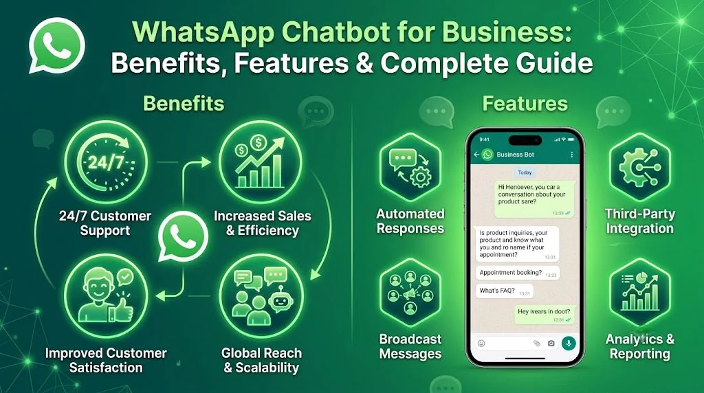 WhatsApp Chatbot for Business infographic highlighting 24/7 customer support, increased sales, automated responses, broadcast messaging, third-party integrations, analytics, and improved customer satisfaction in a green theme.