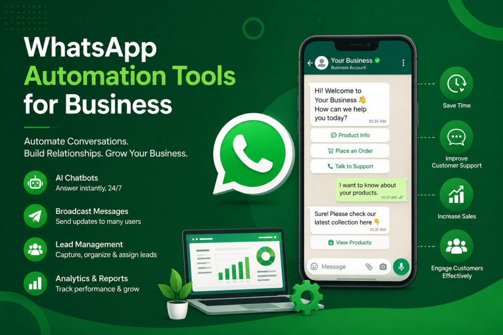 WhatsApp automation tools for business with AI chatbot, automated messaging, analytics, and customer support.