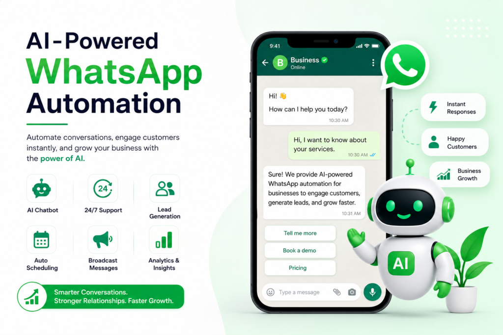 AI-powered WhatsApp automation illustration with chatbot, smartphone, and business growth