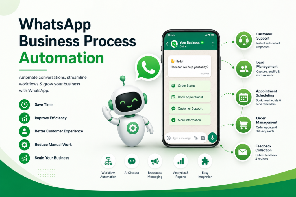 WhatsApp Business Process Automation illustration showing chatbot-driven workflows, automated customer support, lead management, and business automation in a green-themed design.