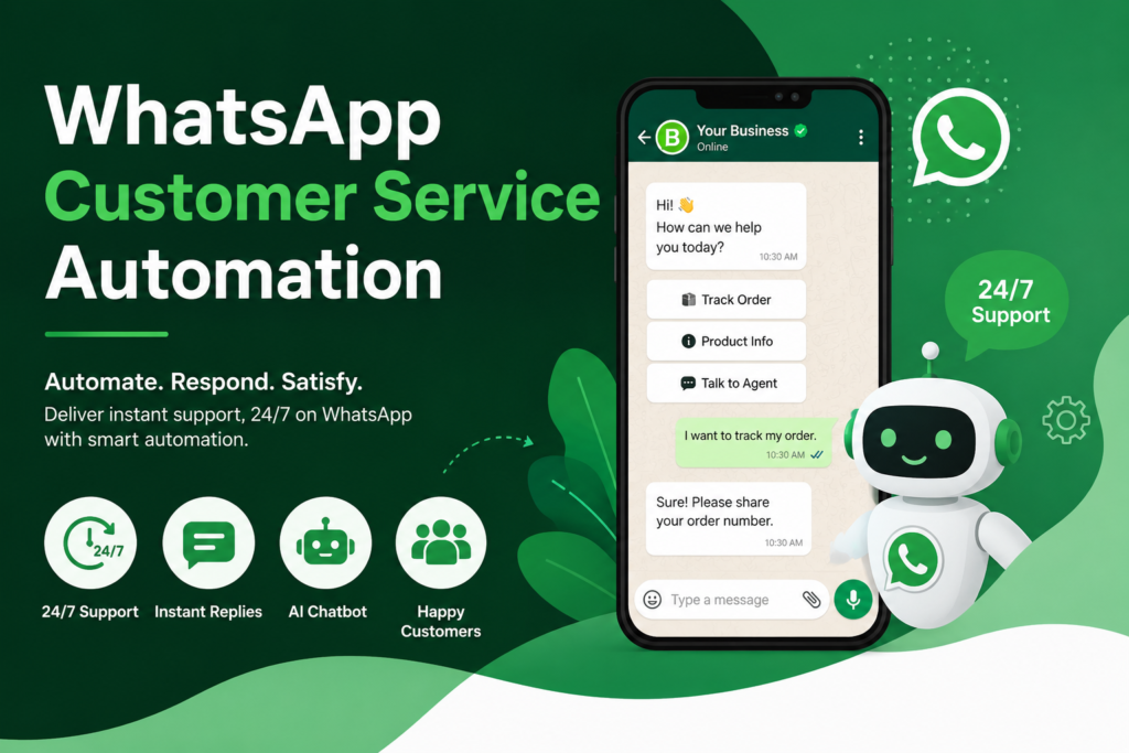 WhatsApp customer service automation with AI chatbot providing 24/7 customer support.