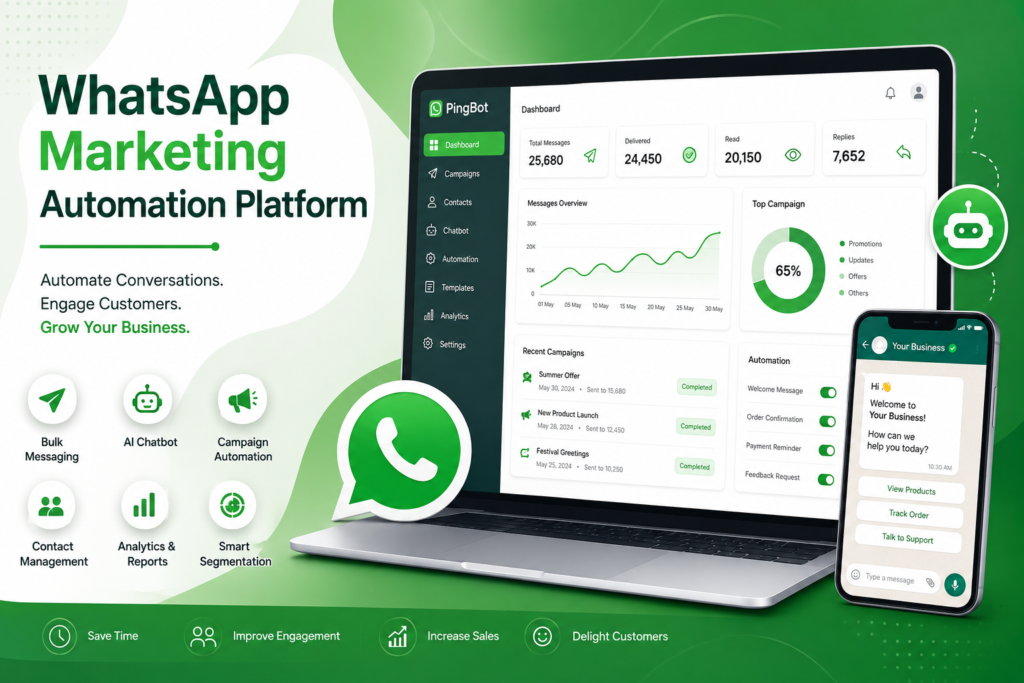 WhatsApp marketing automation platform dashboard with AI chatbot, campaign automation, analytics, and bulk messaging features.