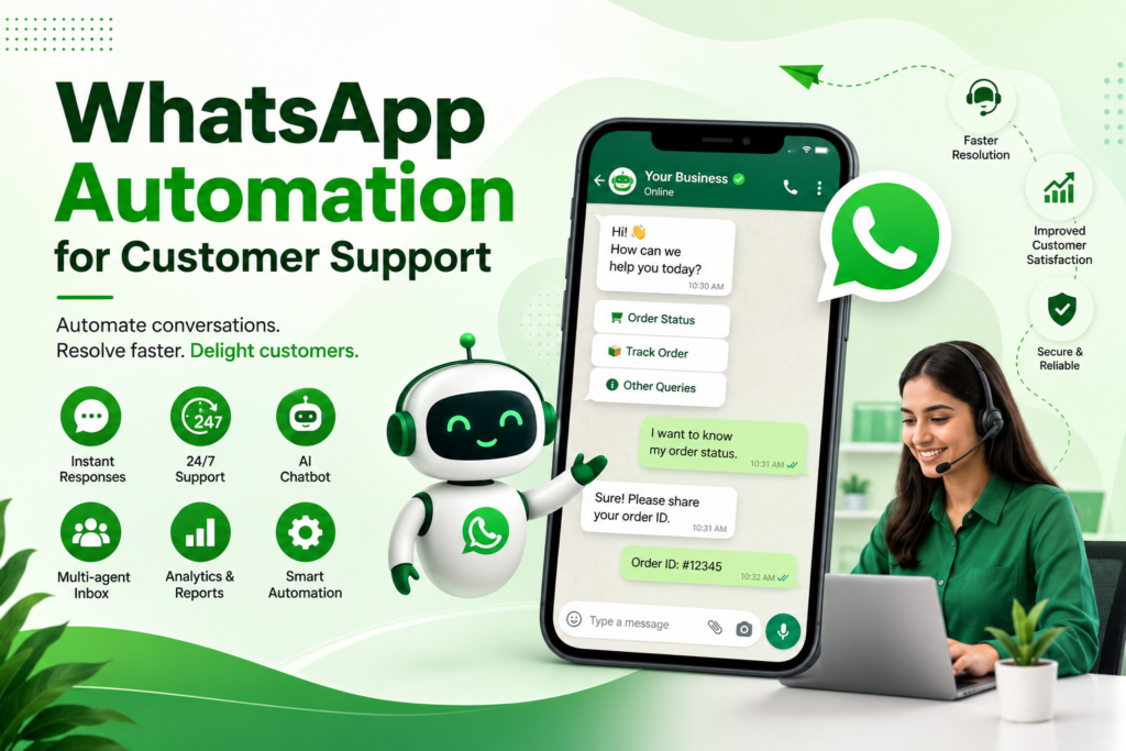 WhatsApp customer support automation illustration with AI chatbot, live agent, smartphone chat interface, and green-themed business support elements.