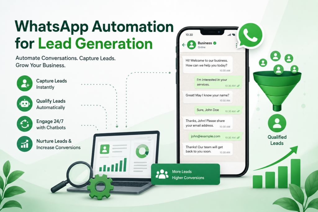 WhatsApp automation dashboard showing chatbot conversations, lead capture, qualification, and conversion analytics in a green-themed business illustration.