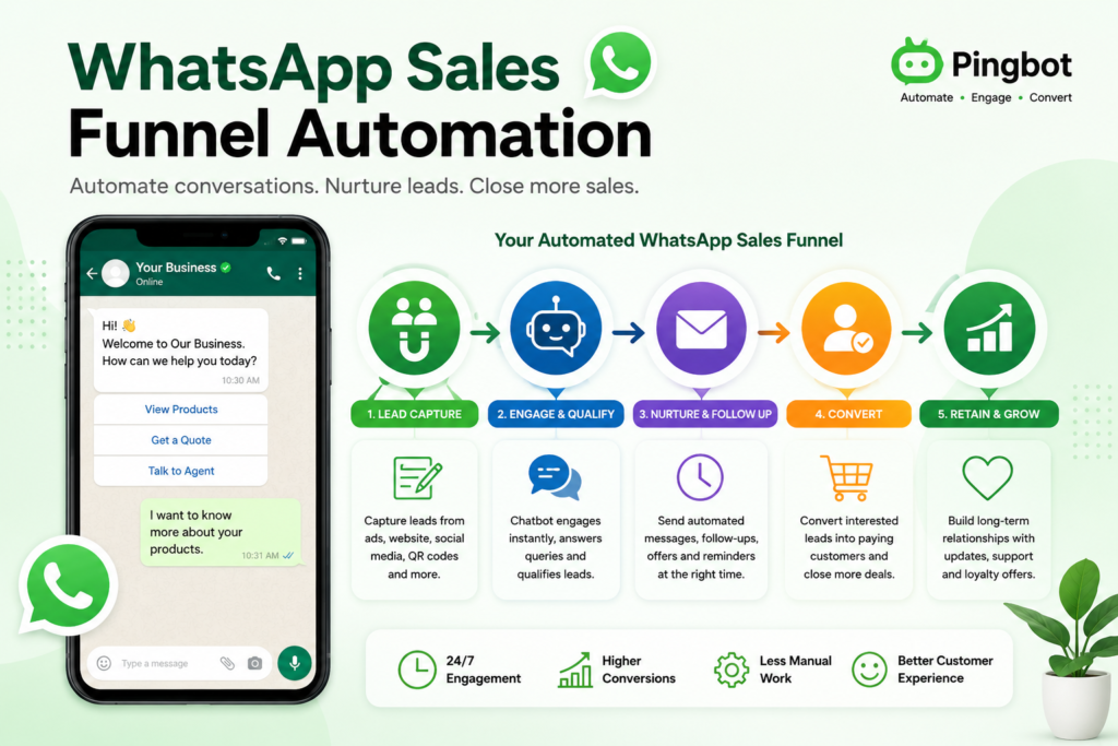Illustration of a WhatsApp sales funnel automation workflow showing lead capture, AI chatbot engagement, automated follow-ups, customer conversion, and retention using Pingbot.