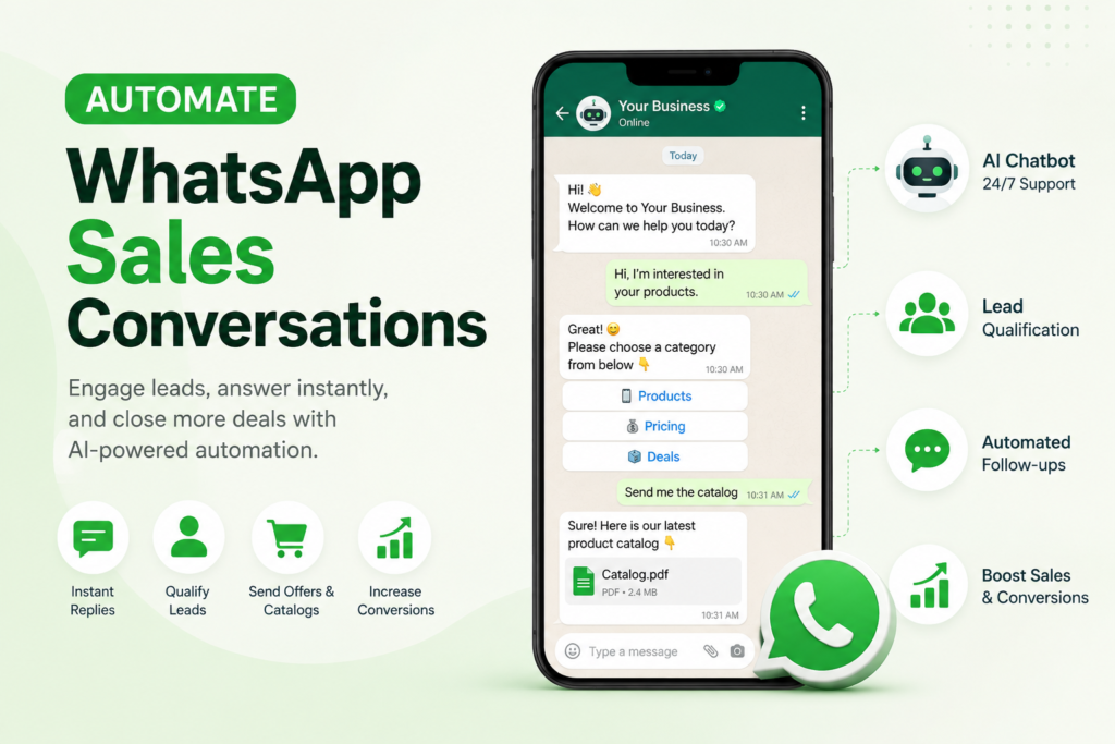 Illustration of WhatsApp sales conversation automation showing an AI chatbot sending instant replies, qualifying leads, automating follow-ups, sharing product catalogs, and helping businesses increase sales and customer engagement.