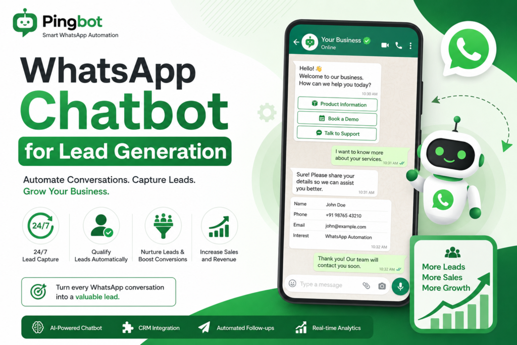 AI-powered WhatsApp chatbot for lead generation displayed on a smartphone, highlighting automated customer conversations, lead capture, CRM integration, and sales growth with Pingbot.