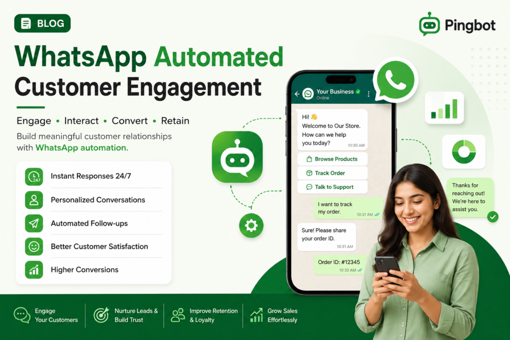 WhatsApp automated customer engagement dashboard showing AI chatbot, instant messaging, automated replies, personalized customer support, and Pingbot WhatsApp automation platform.