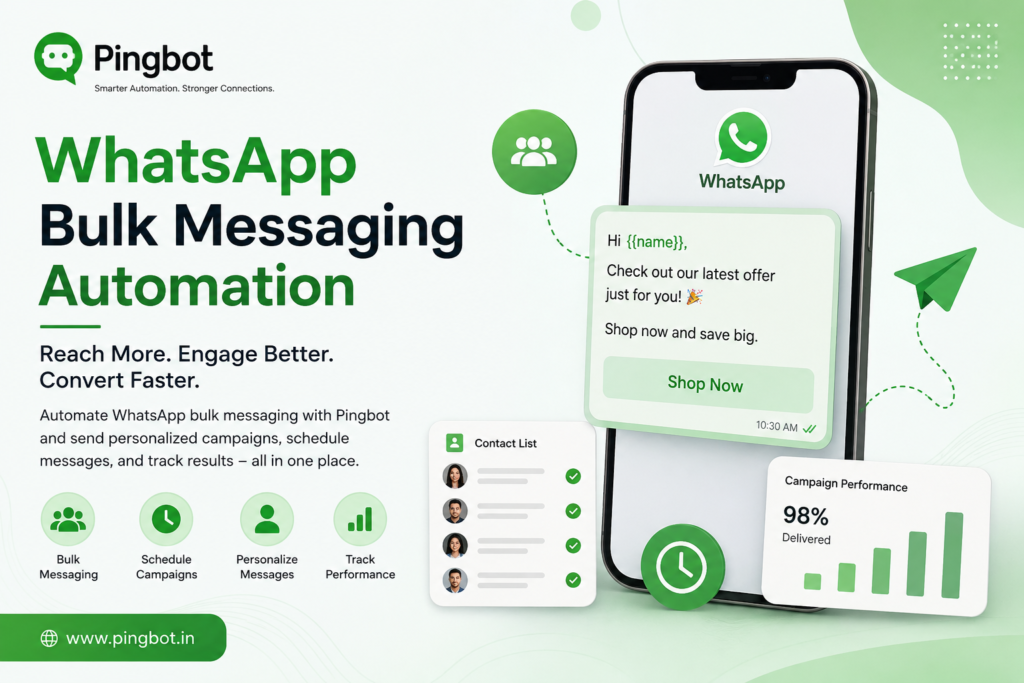 Illustration of WhatsApp bulk messaging automation with Pingbot, showing personalized bulk campaigns, scheduled messaging, contact management, and campaign analytics on a smartphone interface.