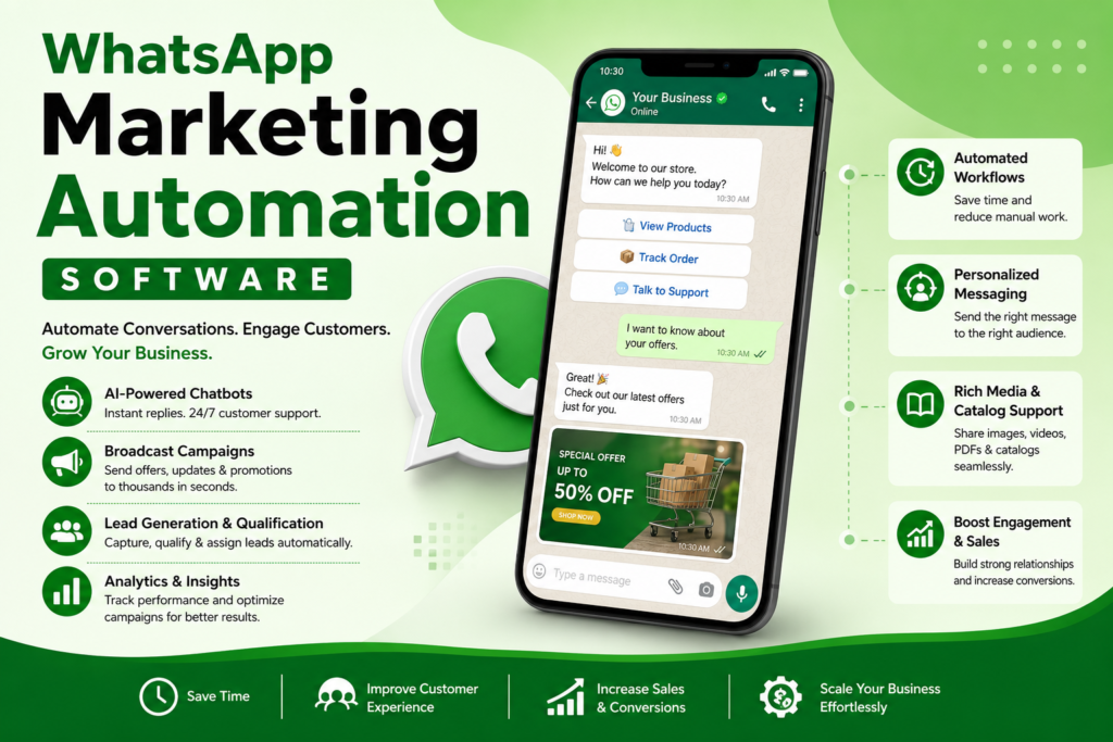 WhatsApp marketing automation software dashboard showing AI chatbot, automated messaging, bulk campaigns, lead generation, analytics, and customer engagement features for business growth.