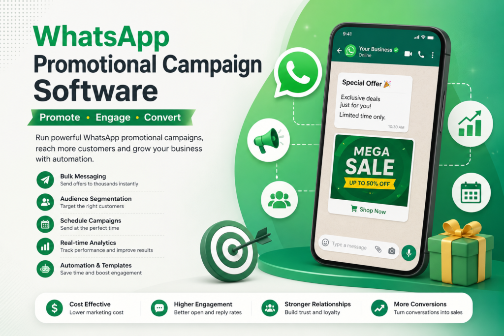 Modern WhatsApp promotional campaign software illustration featuring a smartphone with marketing messages, campaign automation icons, analytics, bulk messaging, audience segmentation, and a green business-themed design.