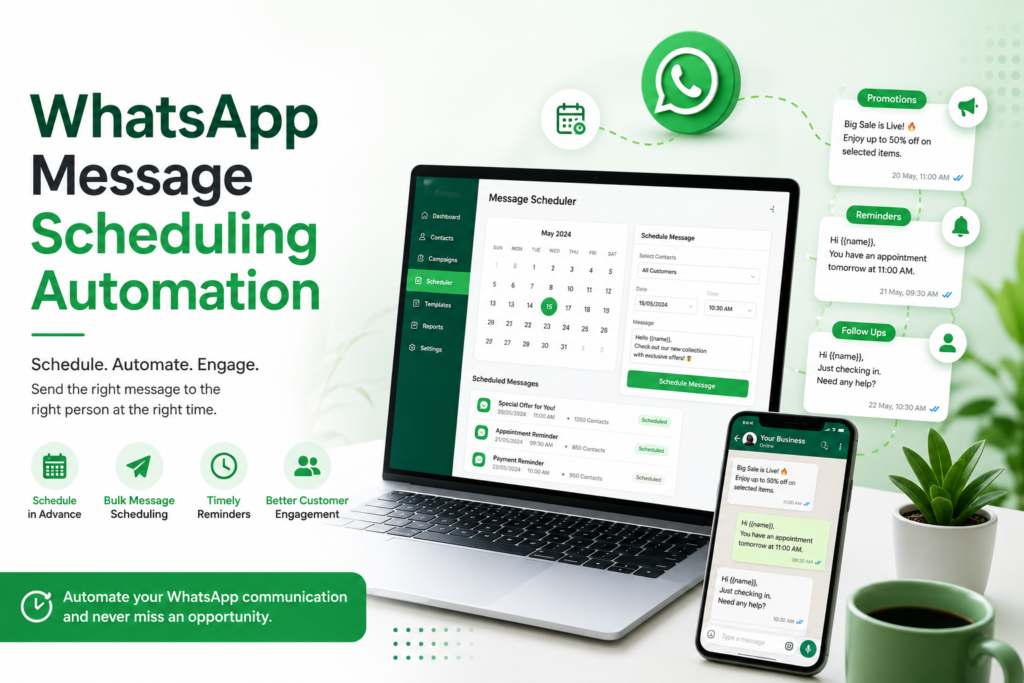 Laptop and smartphone displaying a WhatsApp message scheduling automation dashboard with automated reminders, promotional campaigns, follow-ups, and a calendar interface in a modern green-themed business workspace.