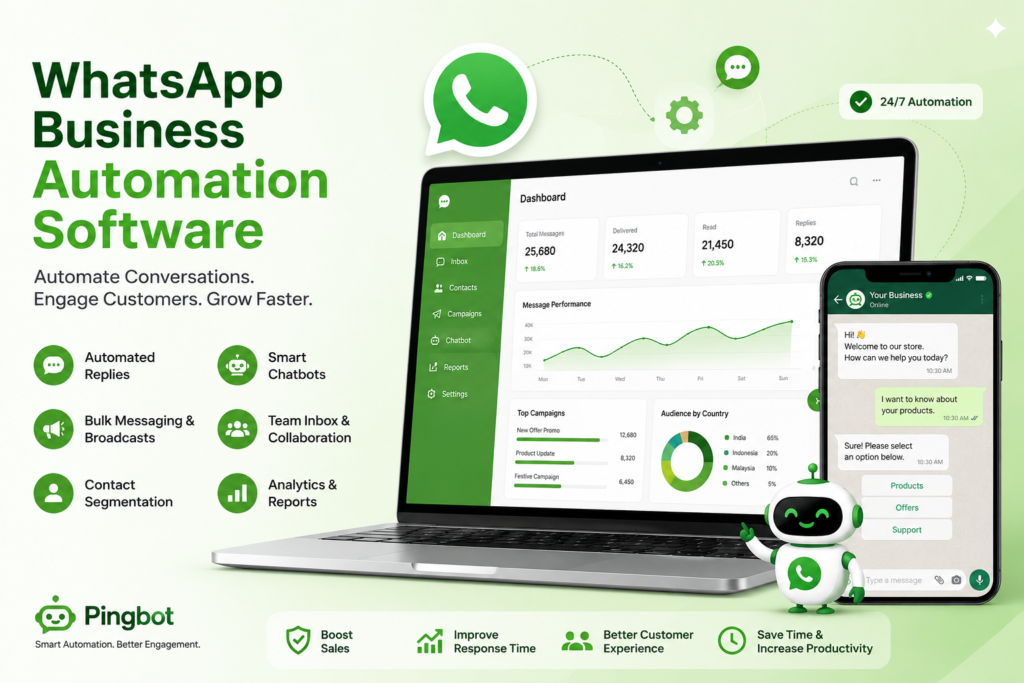 WhatsApp Business Automation Software dashboard with chatbot, analytics, and automated messaging in a green theme.