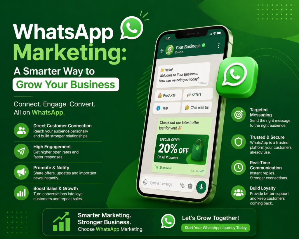 WhatsApp marketing banner with smartphone, chat interface, and business growth elements.