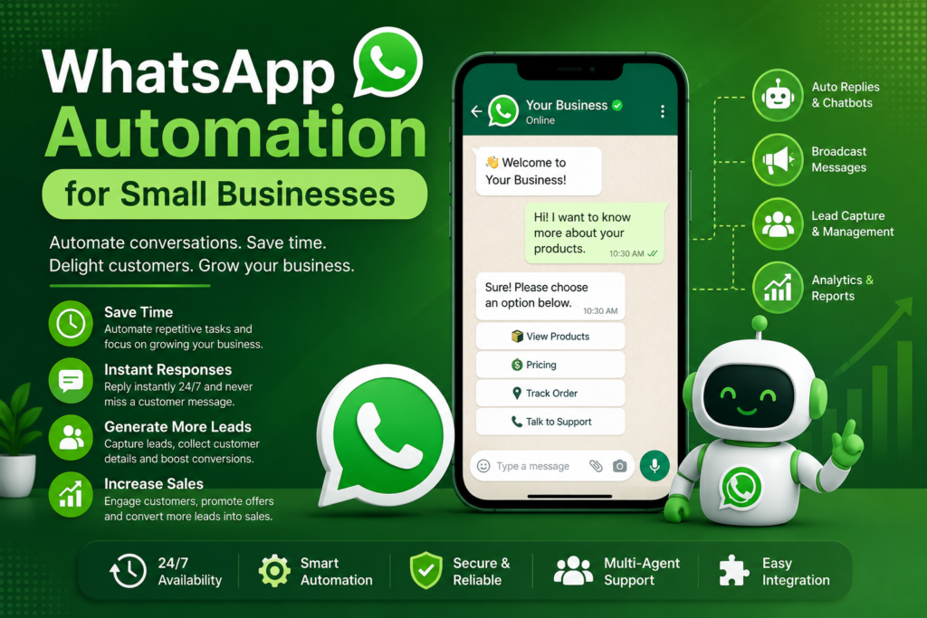WhatsApp Automation for Small Businesses illustration with green theme, chatbot, instant replies, lead generation, and business automation features.